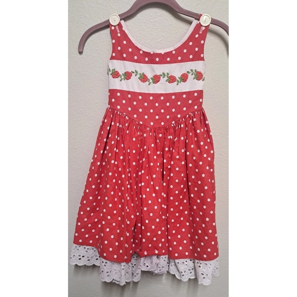 Girls Strawberry Polka Dot Dress Size 5/6 Red White Lace Hem Summer